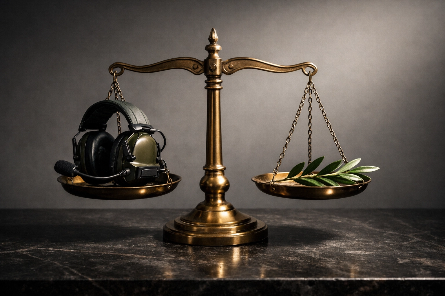 A brass scale balancing a military headset and an olive branch, symbolizing the tension between war and peace.