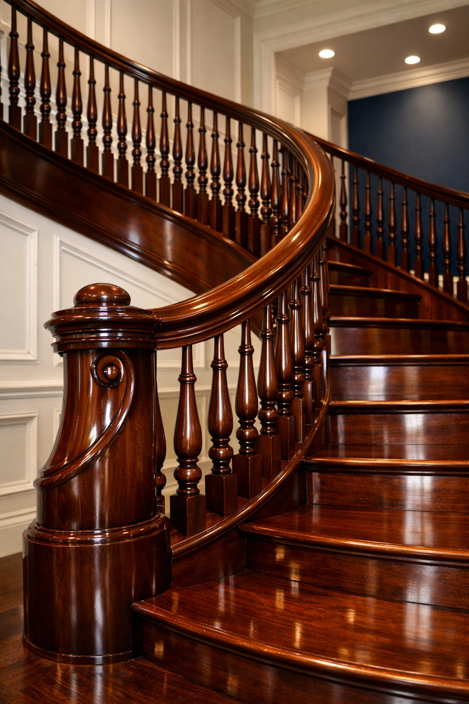 Expertly cleaned mahogany staircase in a Concord home showing a dust-free, high-gloss finish.
