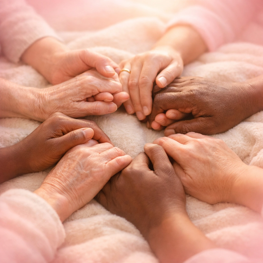 Diverse hands joined together in compassionate support symbolizing community care and connection