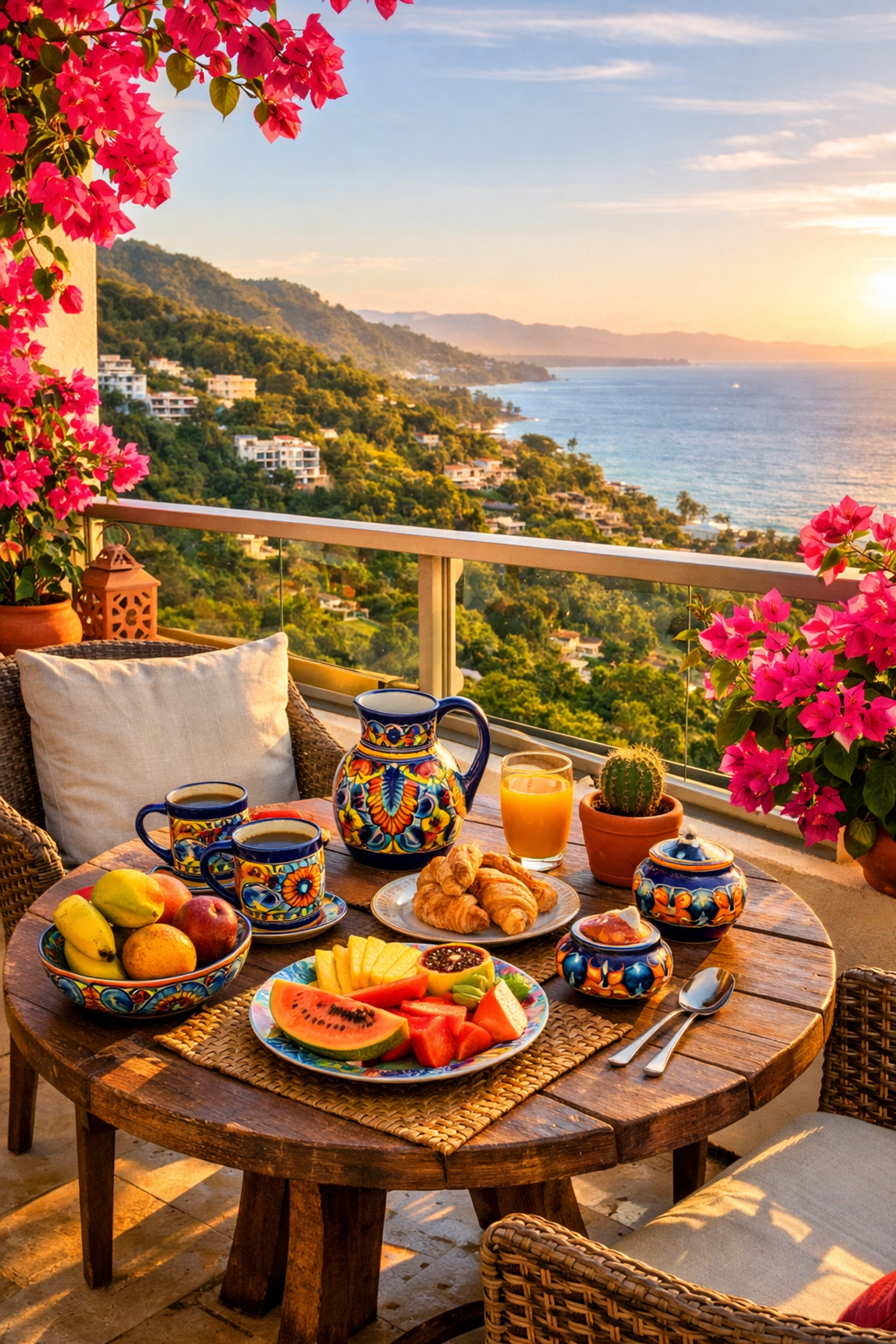 Breakfast table on Puerto Vallarta condo balcony with ocean views and tropical flowers