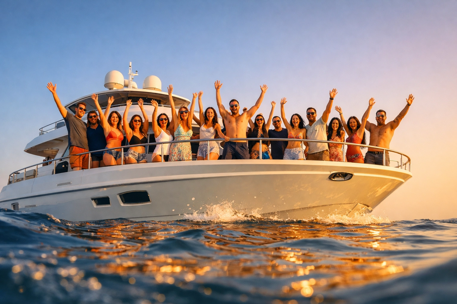 A group of twenty friends cheering from a private luxury yacht during an ultimate group dive takeover.