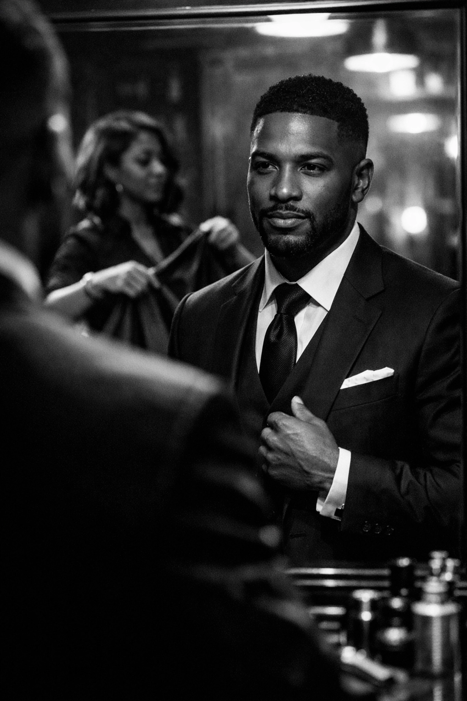 A professional client viewing his sharp haircut at an elite West Chester Ohio barbershop.