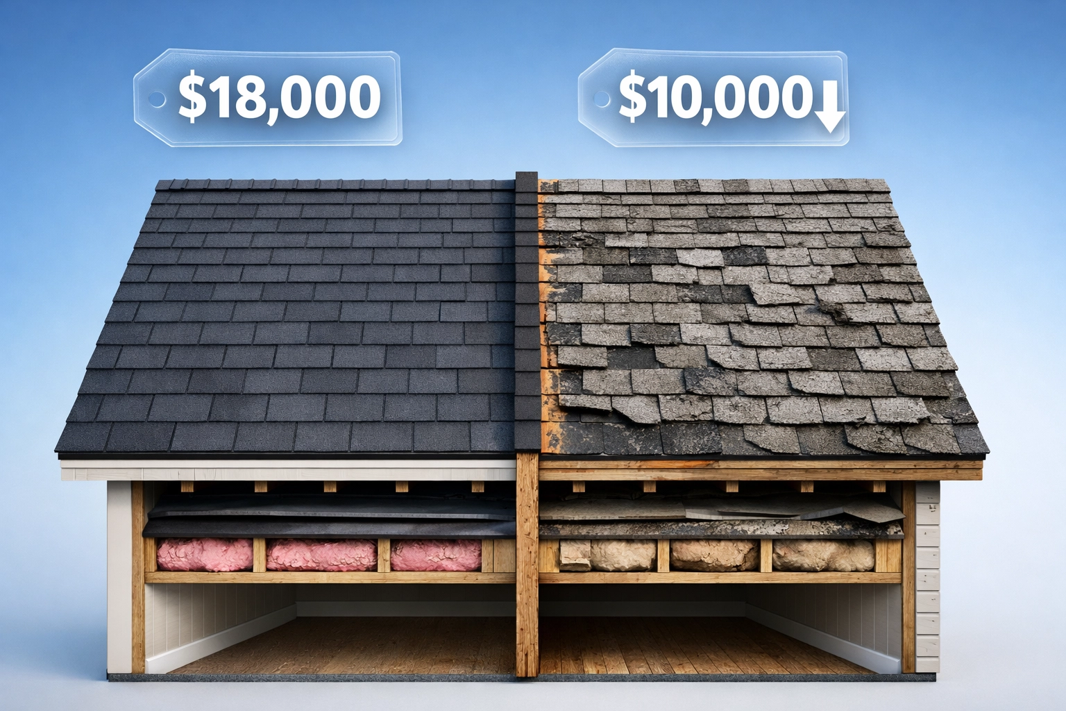 New roof versus aged depreciated roof showing value decrease over time for insurance coverage