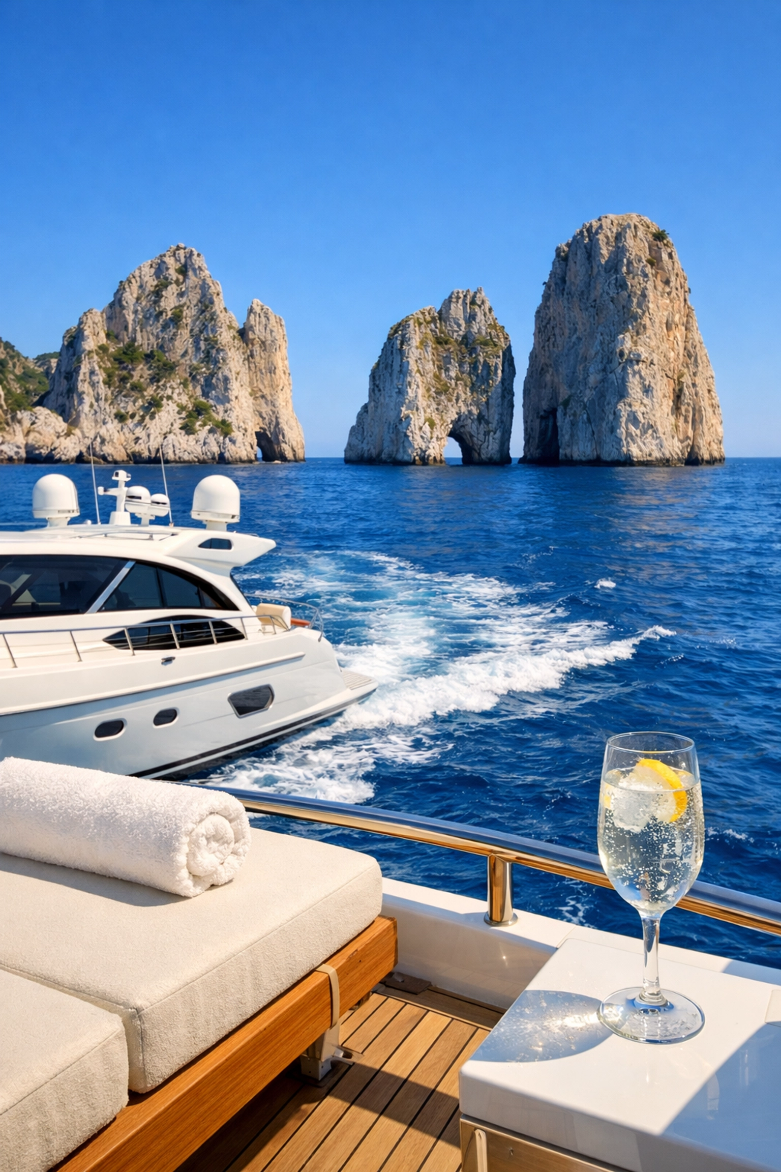 Luxury white yacht anchored in clear blue water near the iconic Faraglioni rock formations in Capri, Italy.