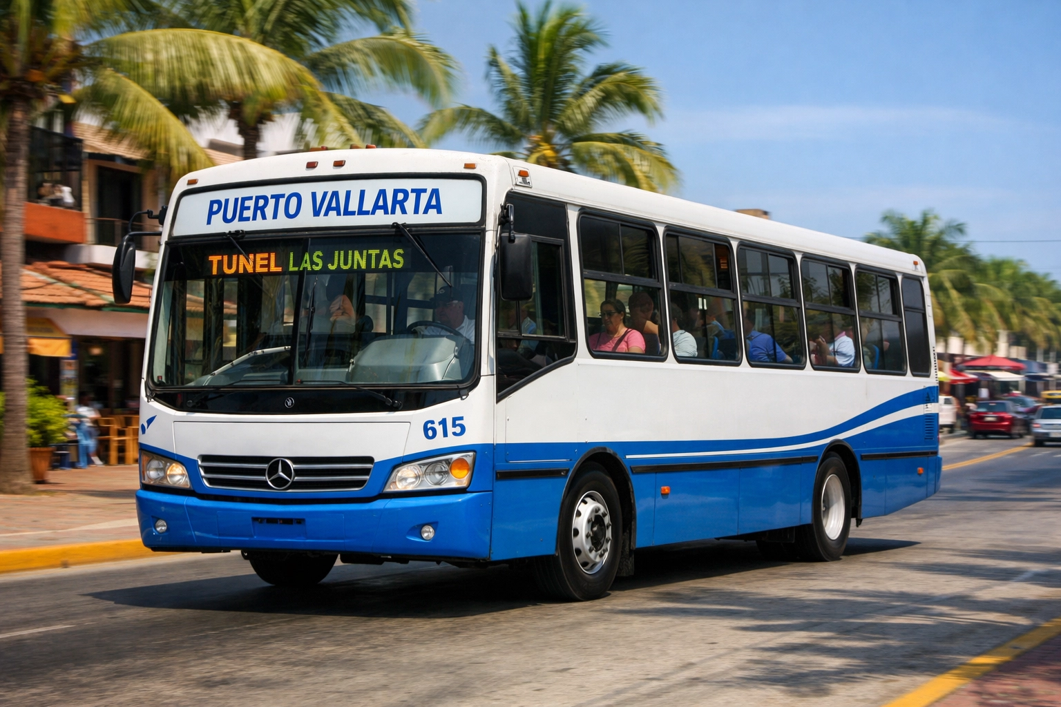 White and blue Puerto Vallarta city bus on palm-lined street with passengers