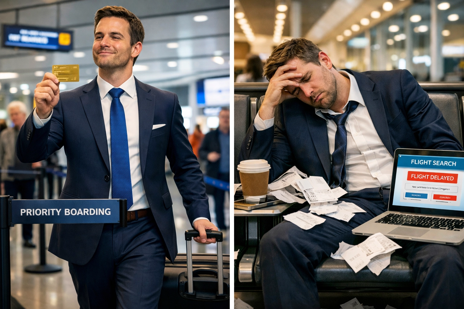 Business traveler with elite status card at priority boarding versus exhausted from chasing points