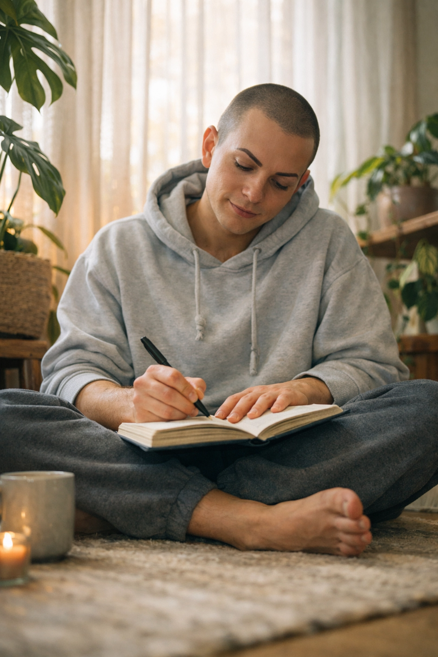 Drag performer relaxing at home out of drag in comfortable clothing