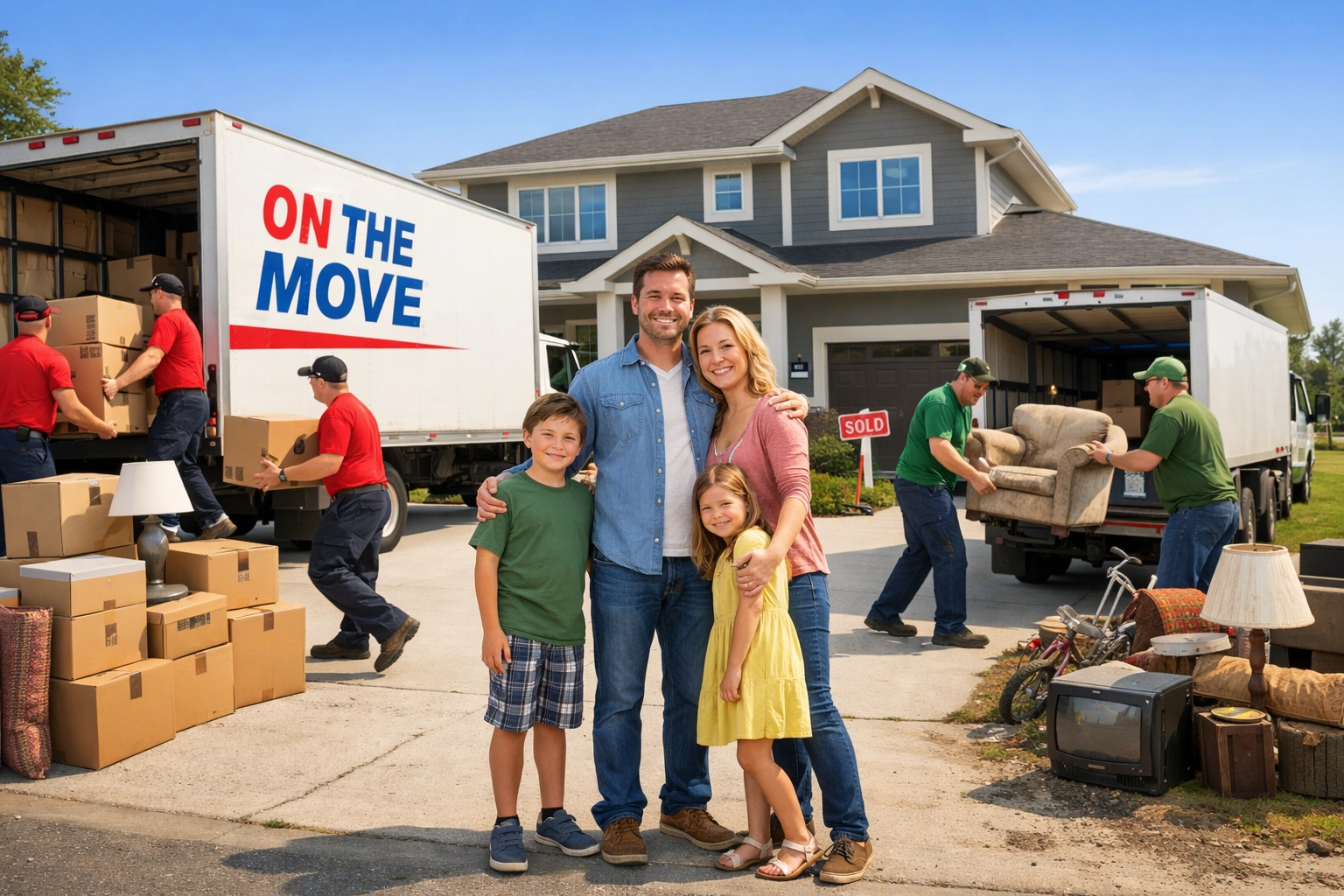 Happy family at their new home using affordable movers near me for combined moving and junk removal services.