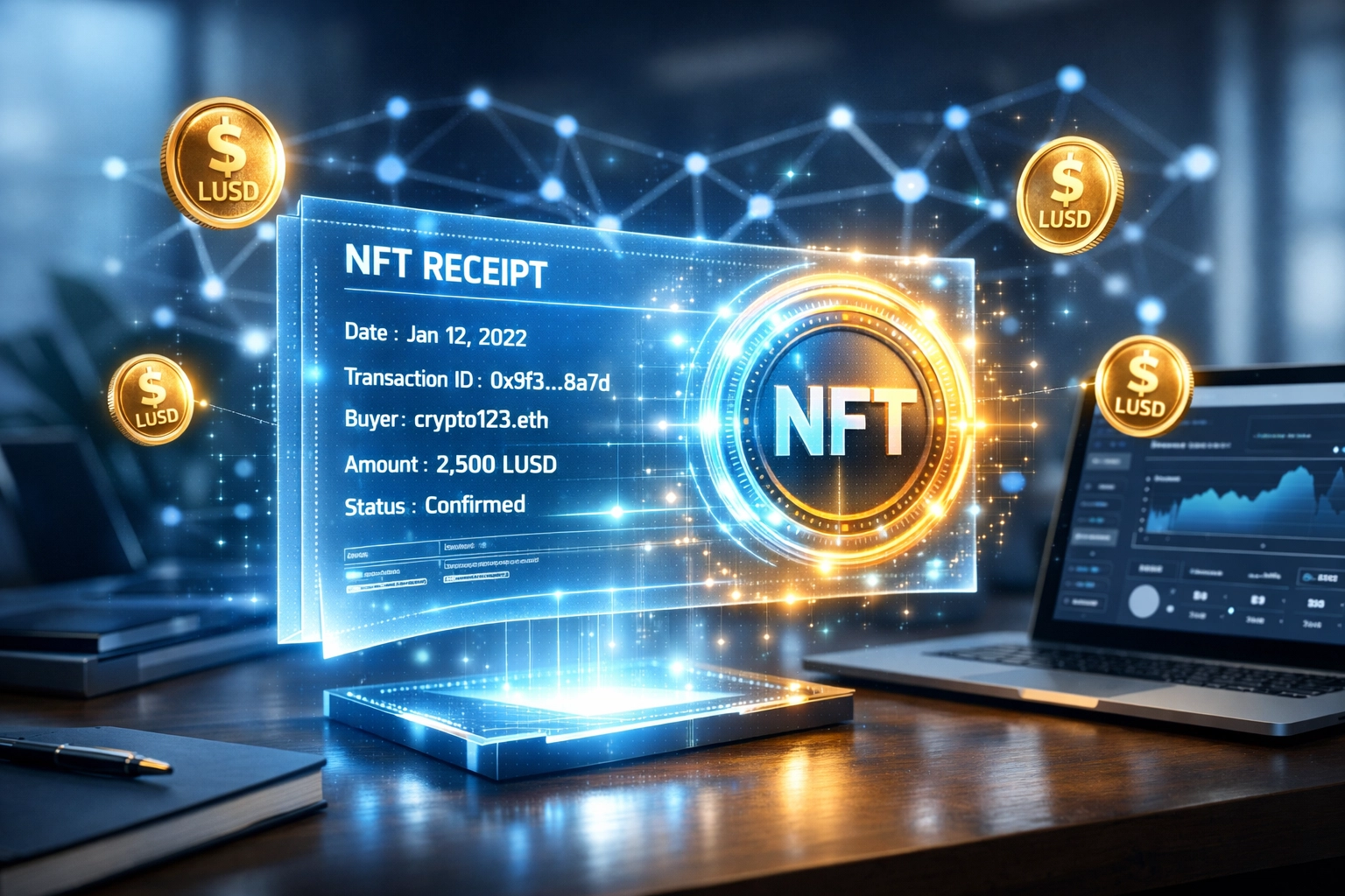 NFT receipt blockchain technology with LUSD stablecoin for merchant accounting automation