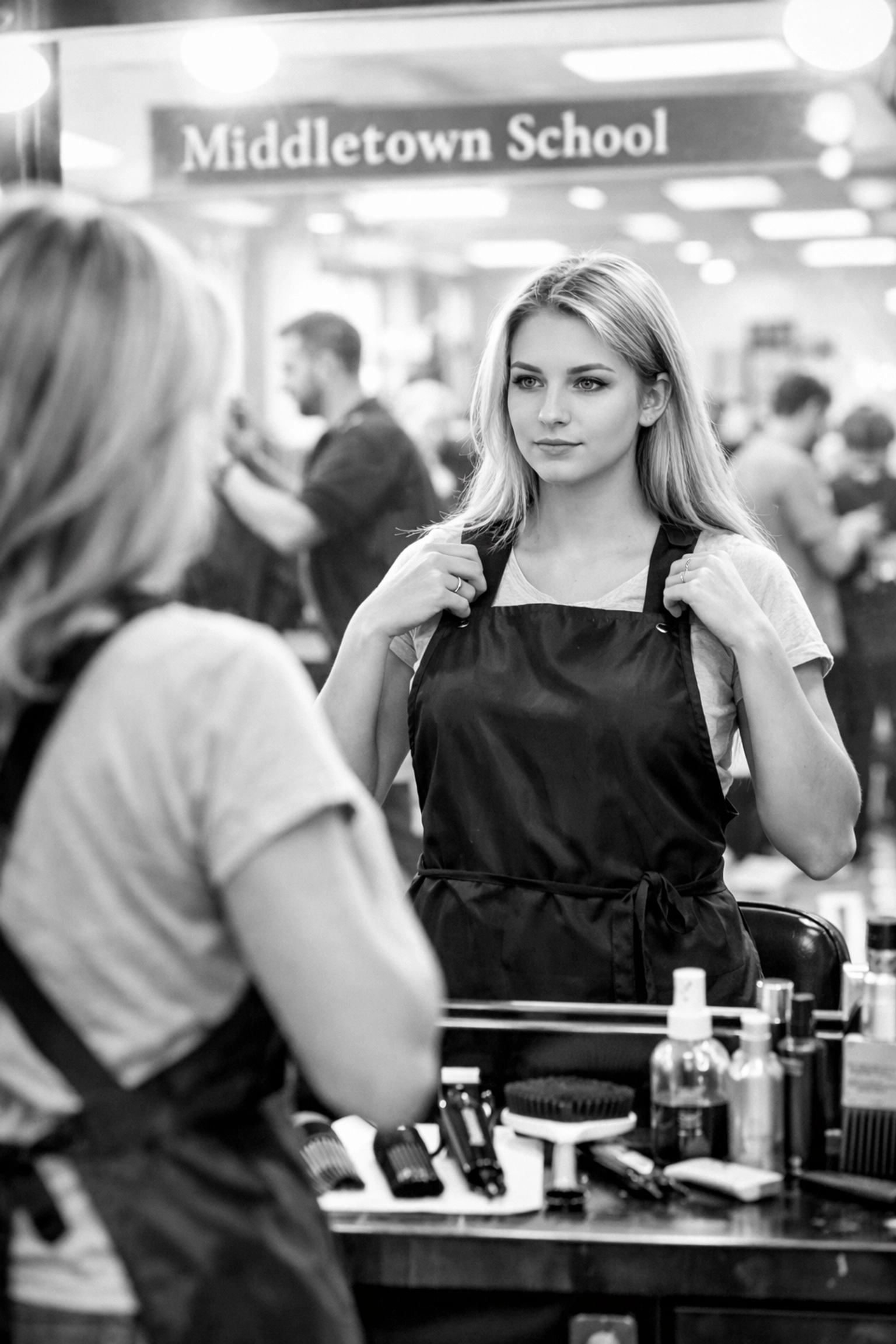 A new student preparing for her first day at X-Quisite Cutz School of Barbering in Ohio.
