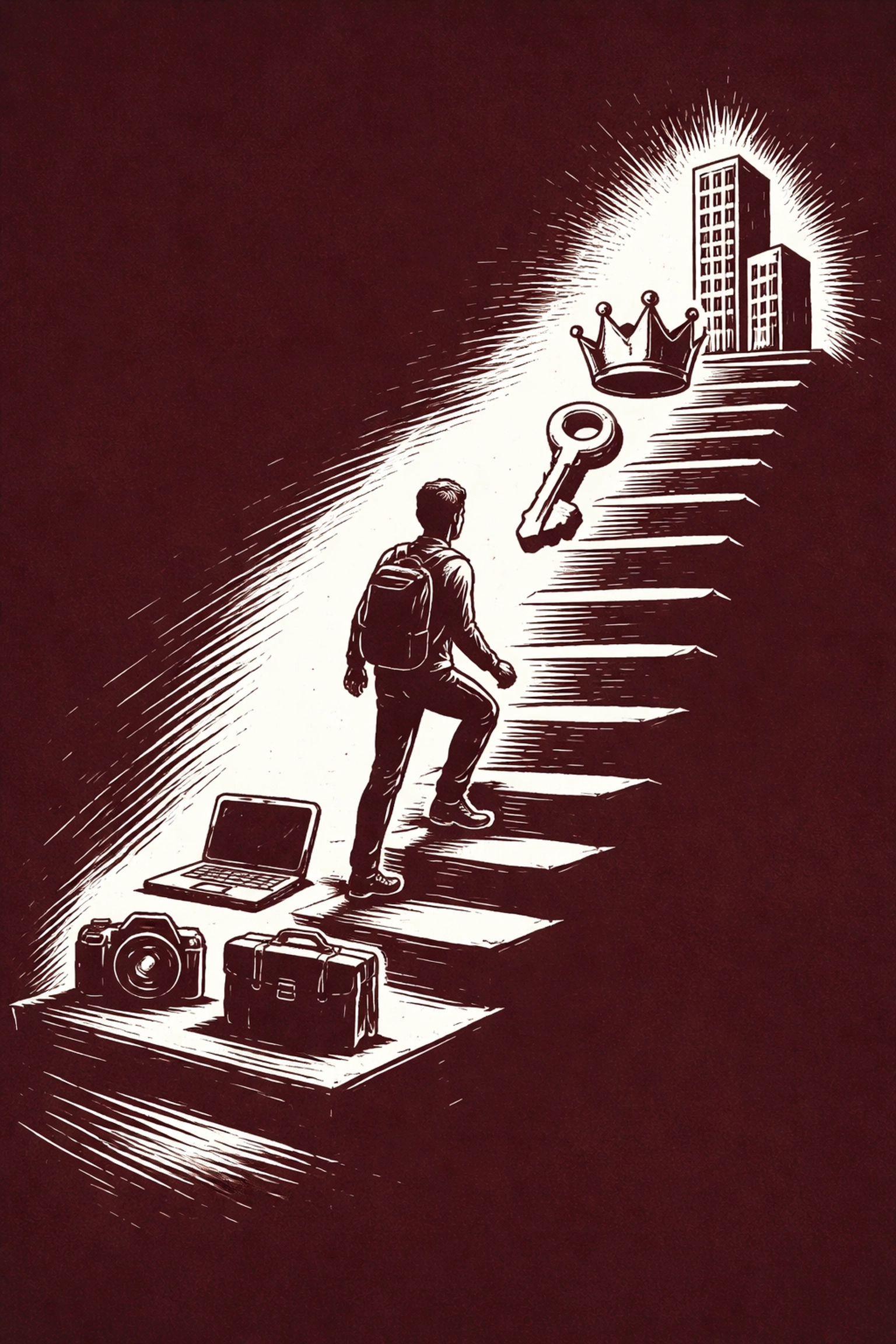 Sketch of a figure climbing a staircase from creative tasks to ownership, representing creative empowerment.