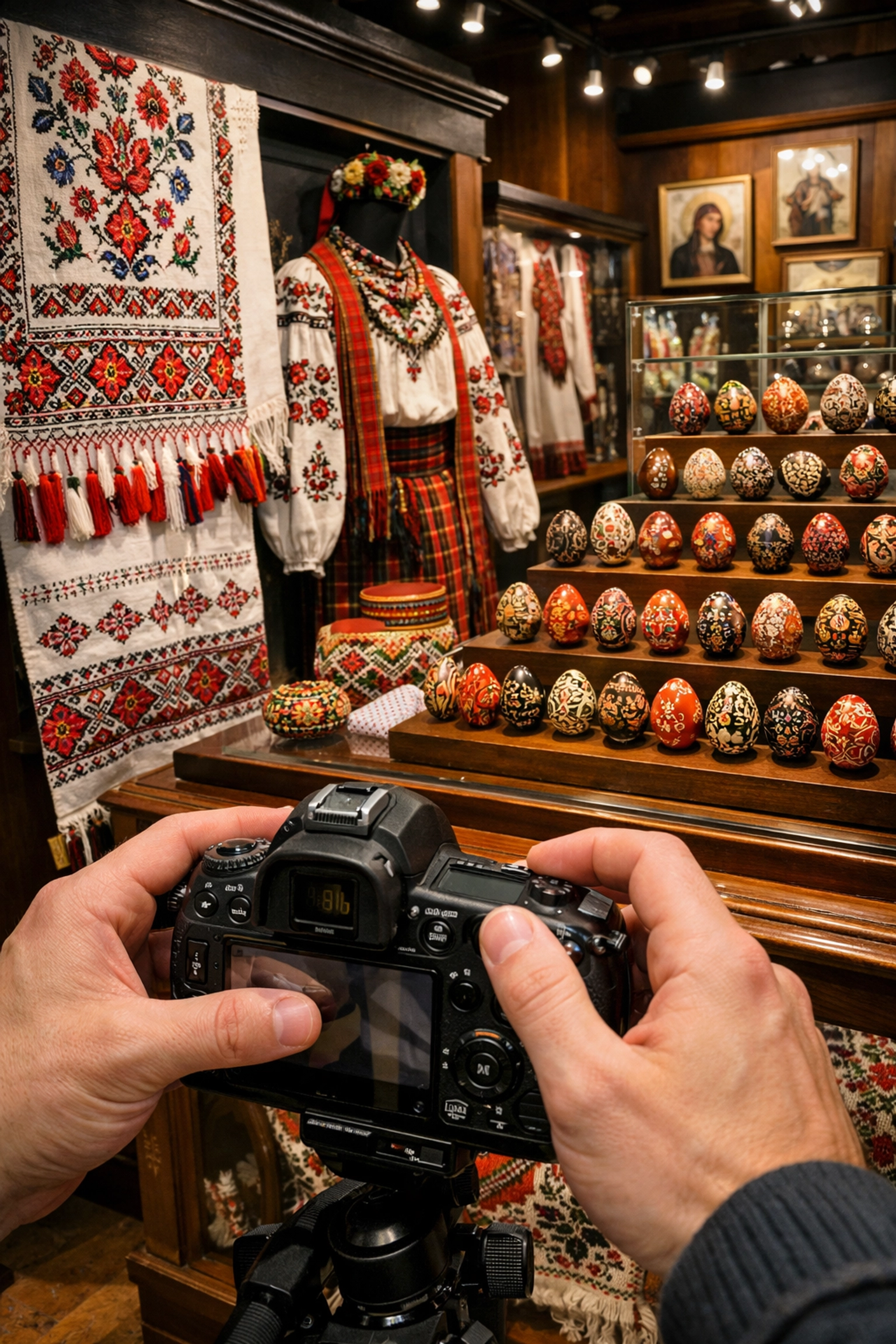 Photographer capturing Ukrainian embroidered textiles and pysanky eggs at museum