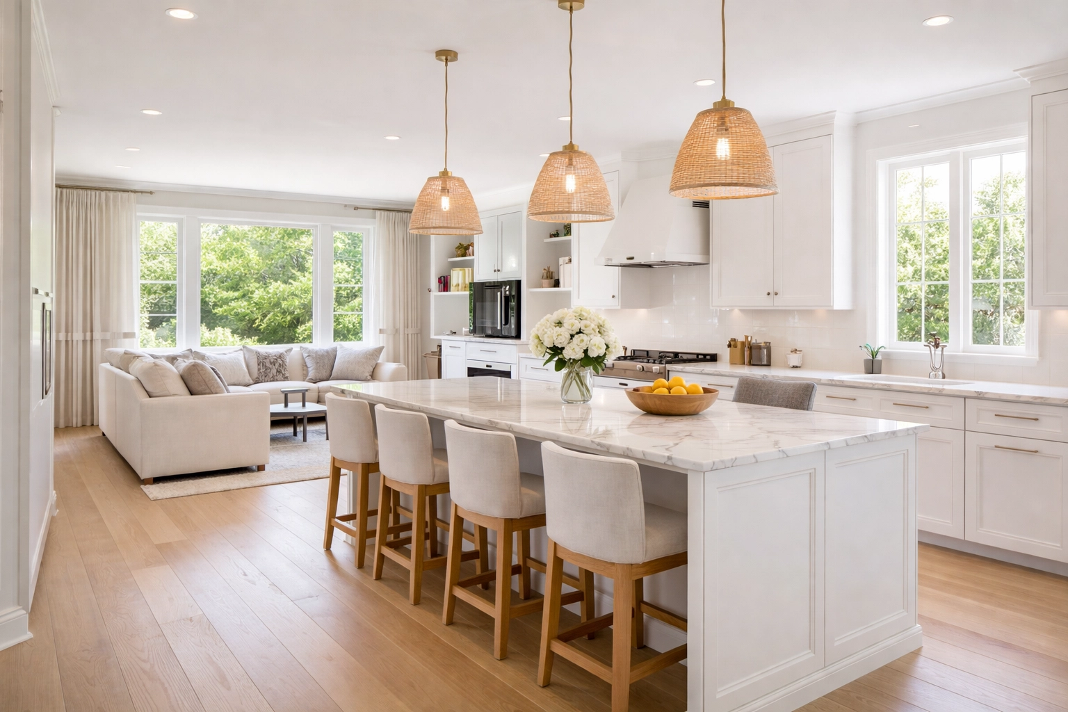 Modern open-concept kitchen and living room showcasing upscale Moorestown home interiors for prospective buyers in 2026. Modern open-concept kitchen and living room showcasing upscale Moorestown home interiors for prospective buyers in 2026.