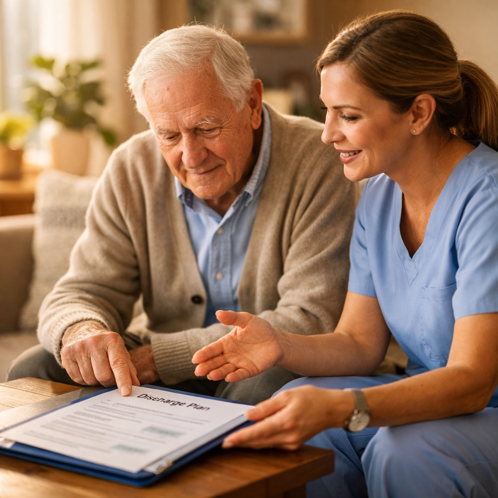 A caregiver and elderly man reviewing a discharge plan during home recovery in Southampton.