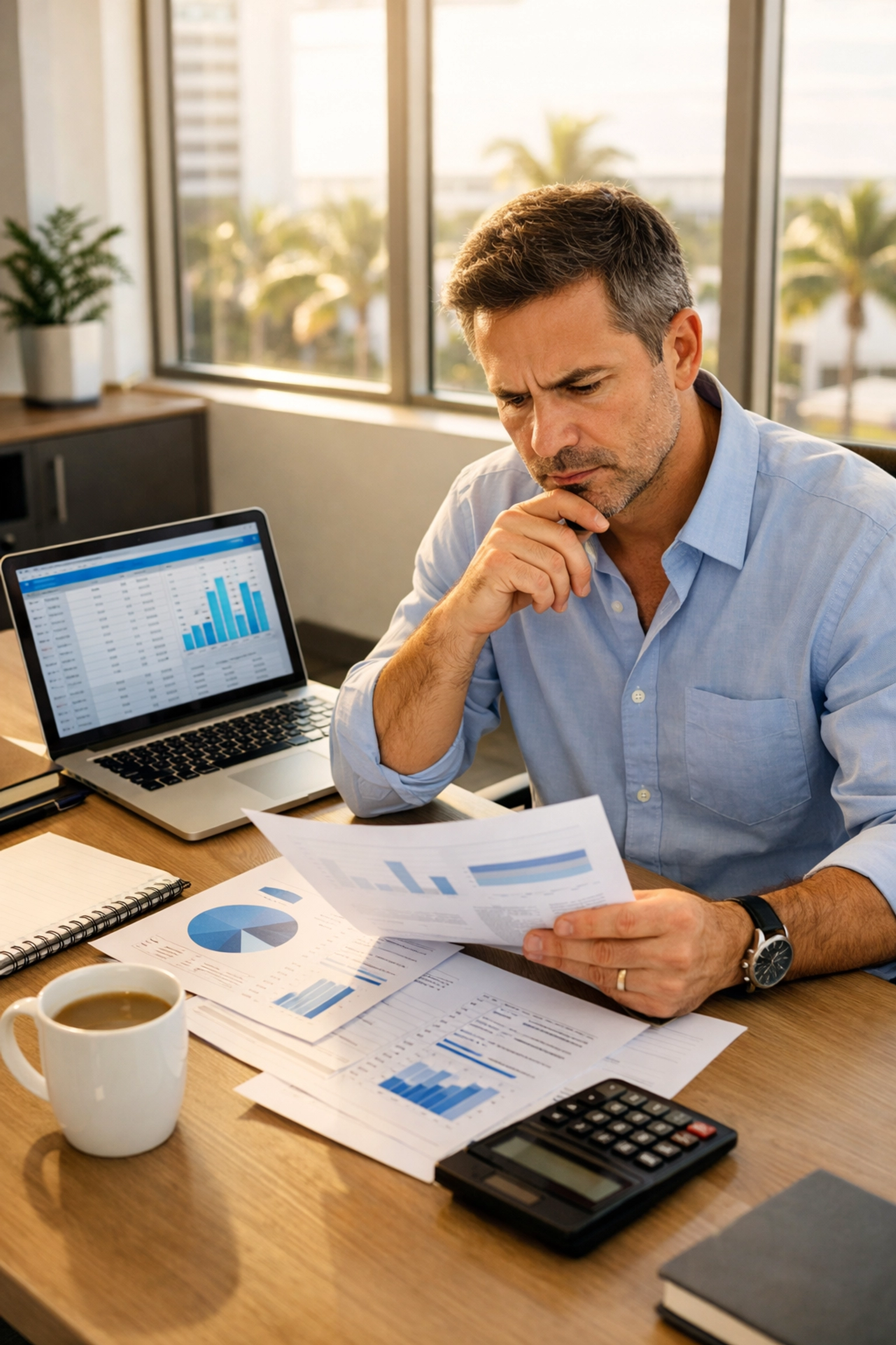 South Florida business owner reviewing financial documents for cash flow management