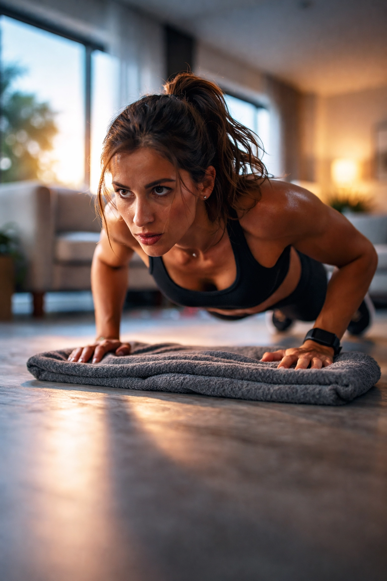 Woman doing push-ups on an unstable surface in a bright home gym, illustrating instability for effective home workouts.
