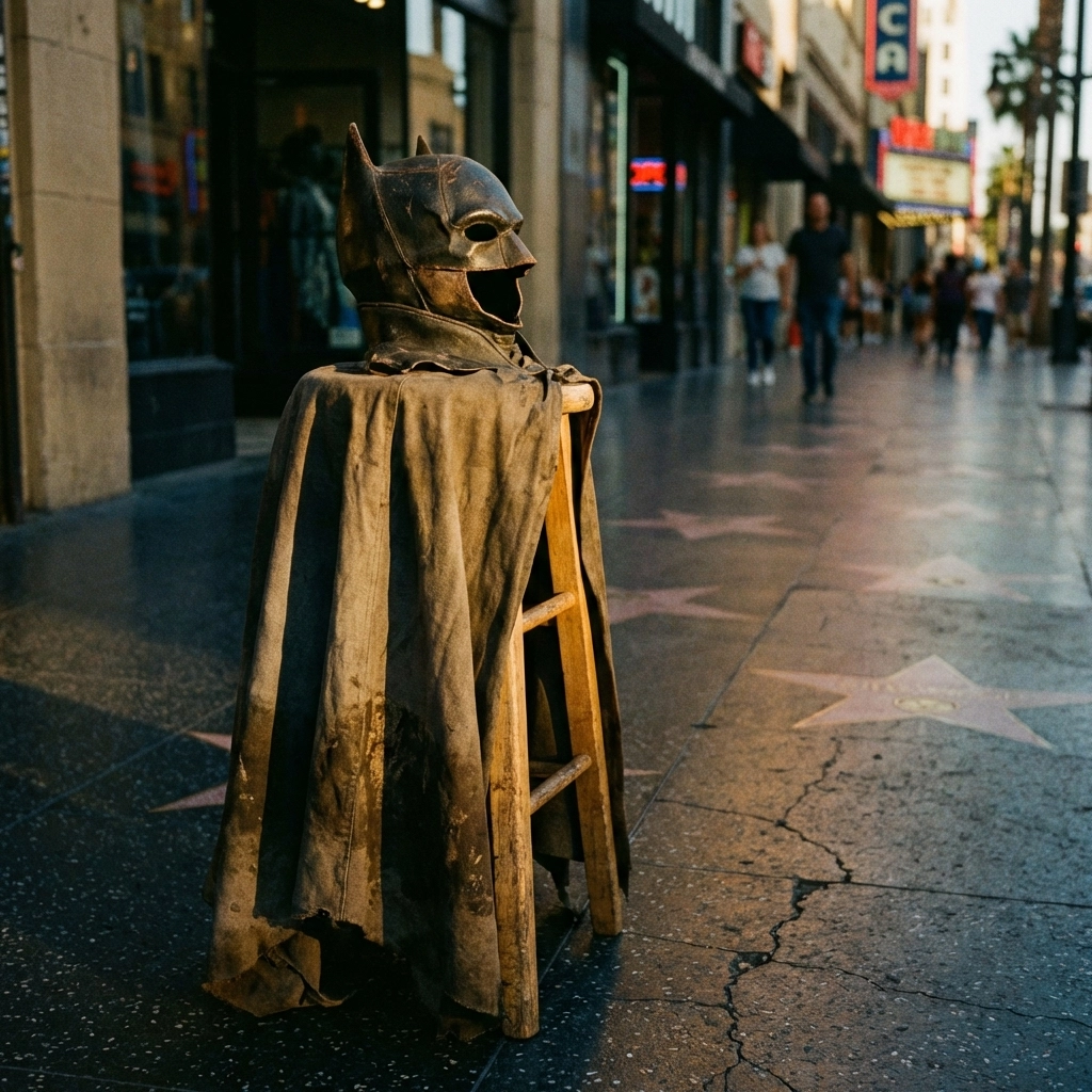 Detailed superhero costume mask and cape on Hollywood Blvd, showcasing the craft of Los Angeles street performers.