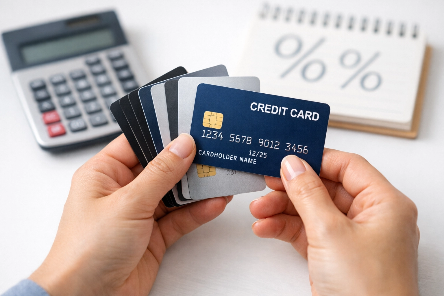 Hands holding multiple credit cards demonstrating strategic credit utilization management
