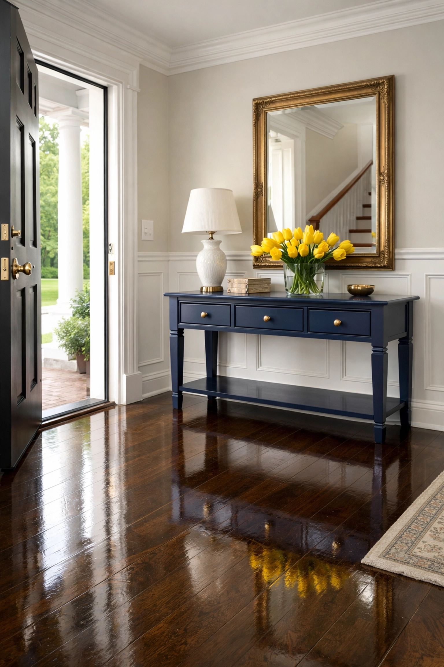 Gleaming hardwood floors in a Lancaster home entryway after a professional final polish.