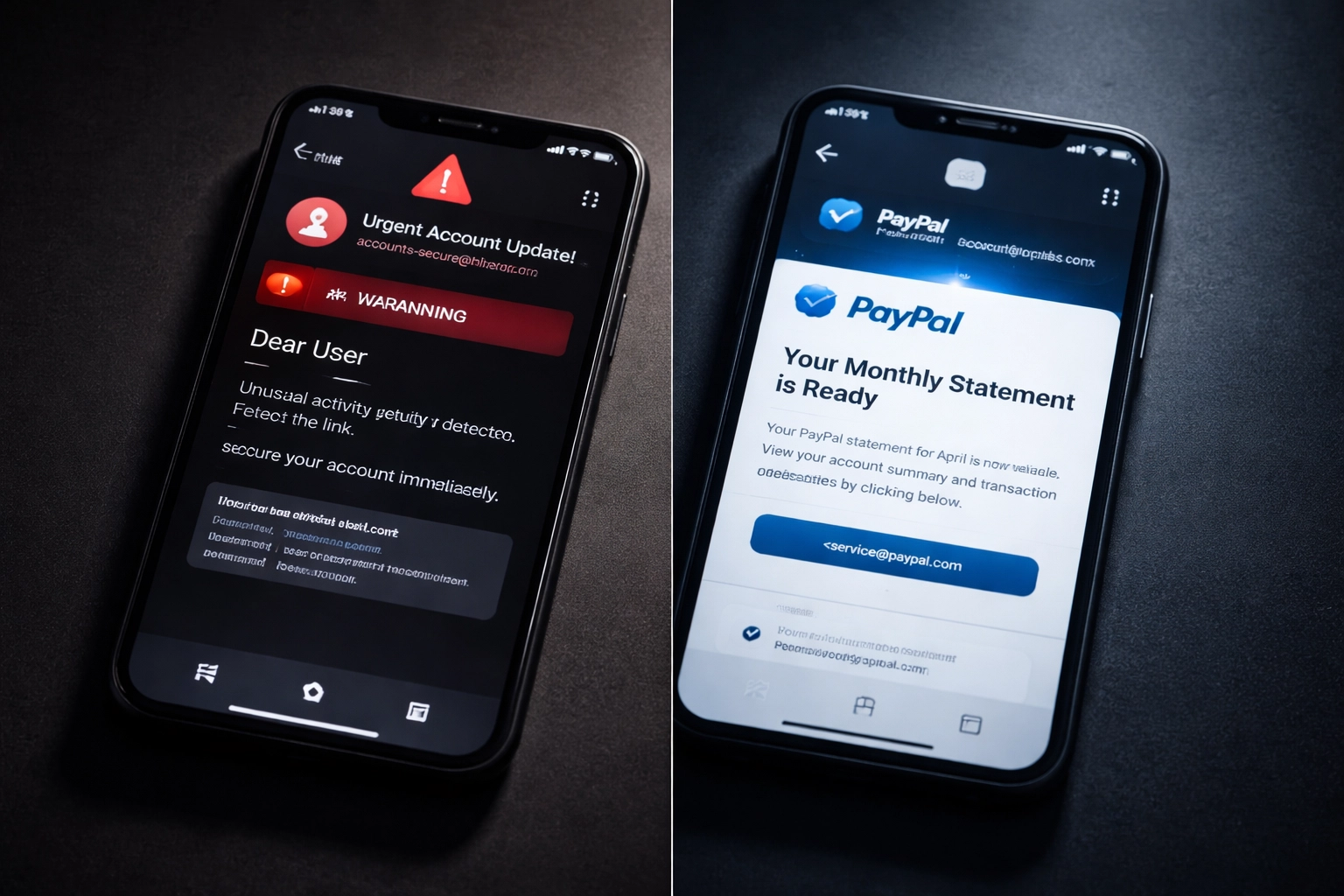 Comparison of suspicious versus verified emails on smartphones, highlighting how BIMI helps users spot phishing attempts.
