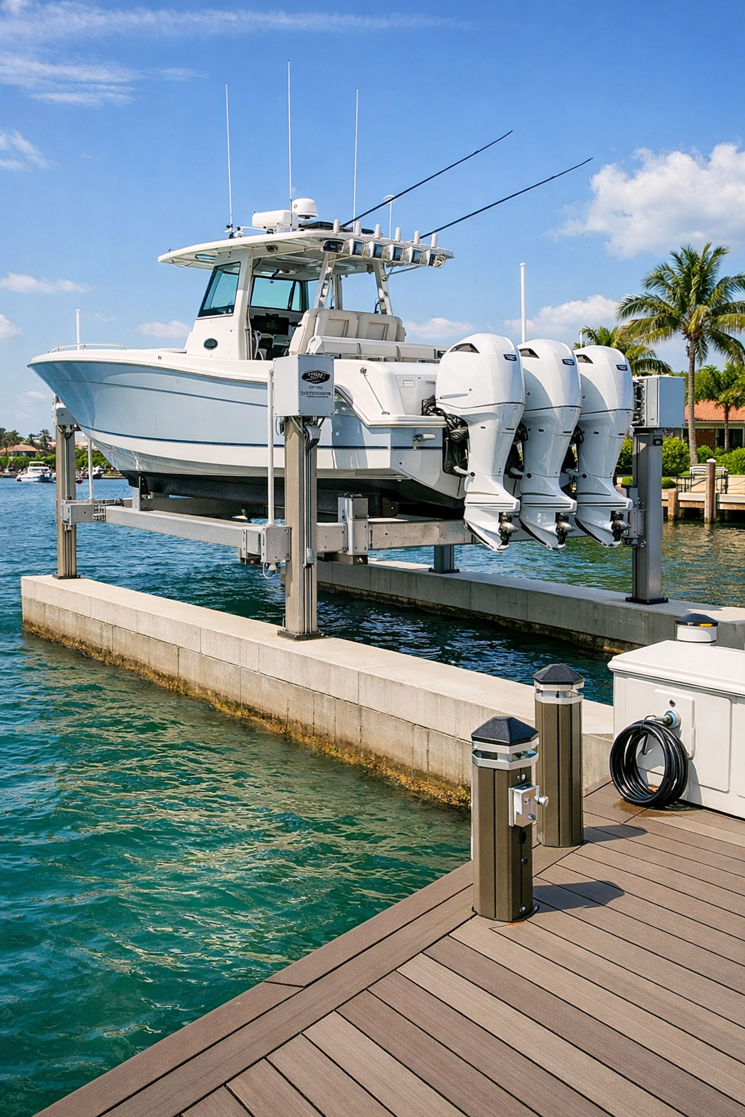 Modern boat lift and concrete seawall at a luxury waterfront property in Southwest Florida.