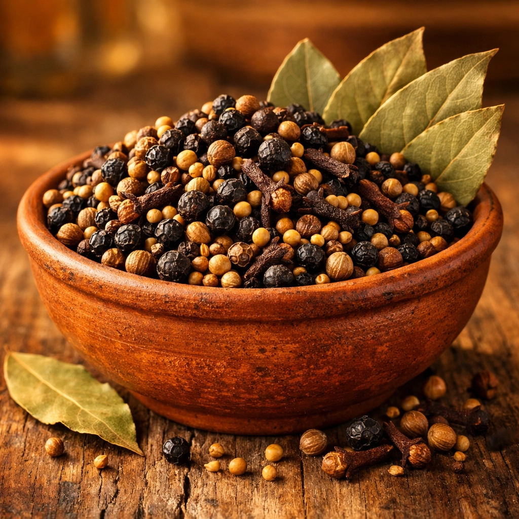 A custom blend of whole pickling spices including peppercorns and bay leaves in a rustic bowl.