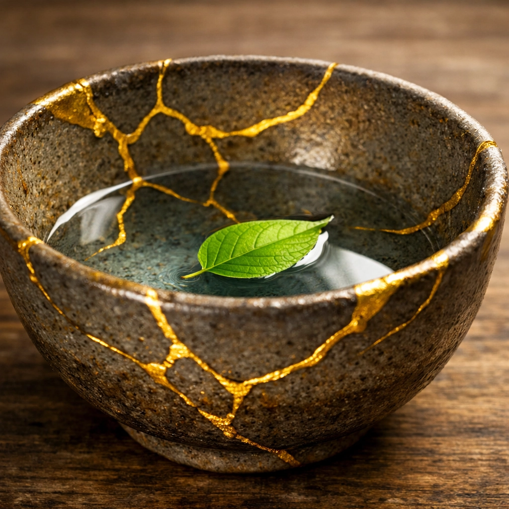 A Kintsugi ceramic bowl with gold seams, showing how healing past trauma creates new beauty.