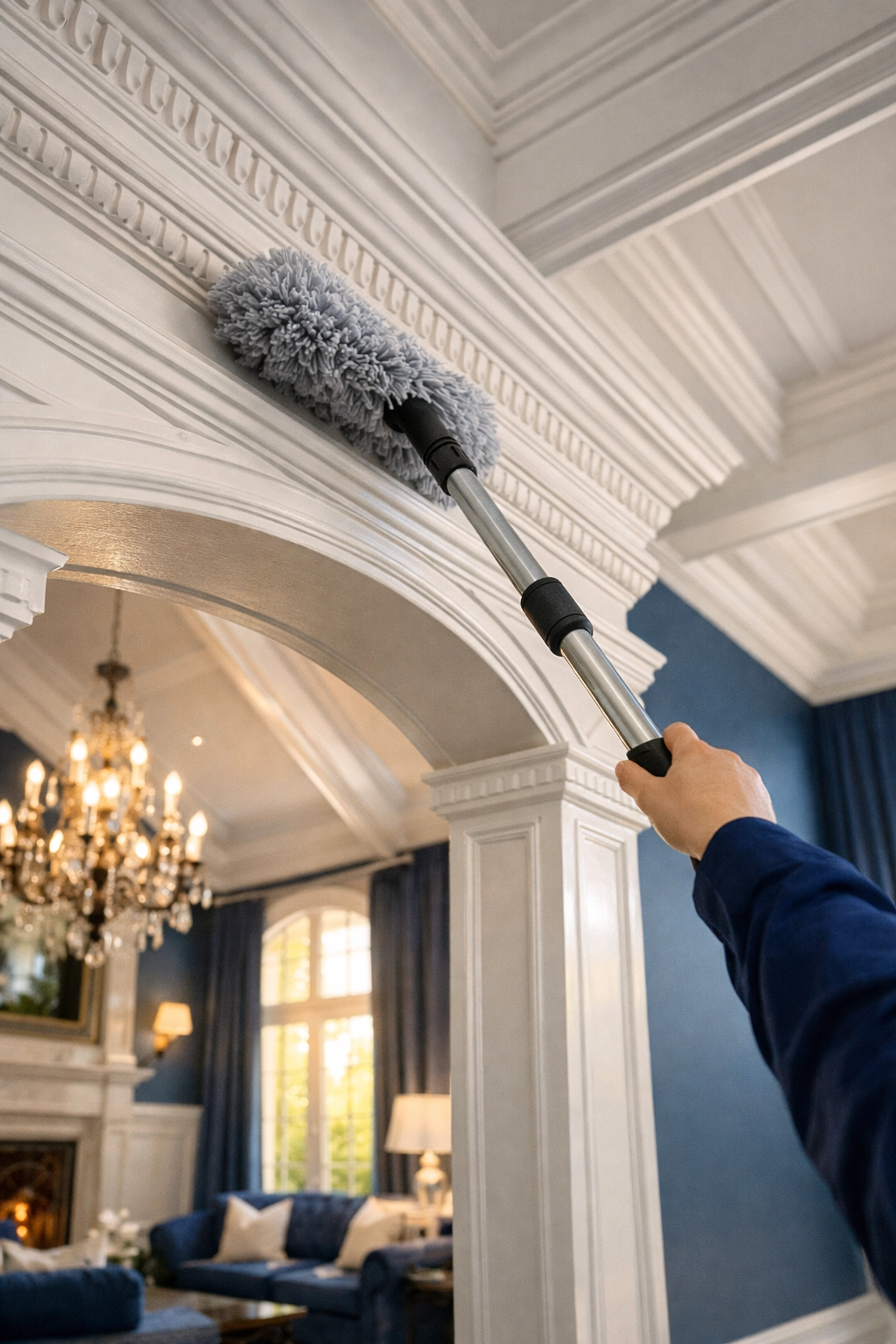 Professional cleaner dusting high-reach moldings during post construction cleaning Hudson in a grand home.