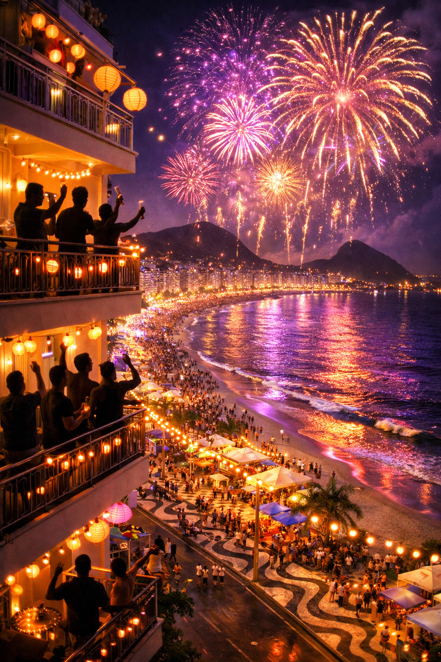 Copacabana beachfront at night during Carnival with fireworks over the ocean