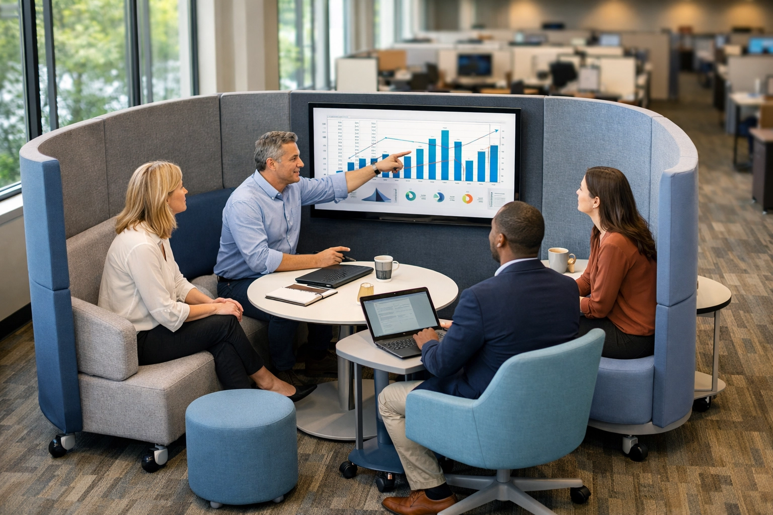 Professionals collaborating around large monitor in modern pod workspace versus traditional cubicles