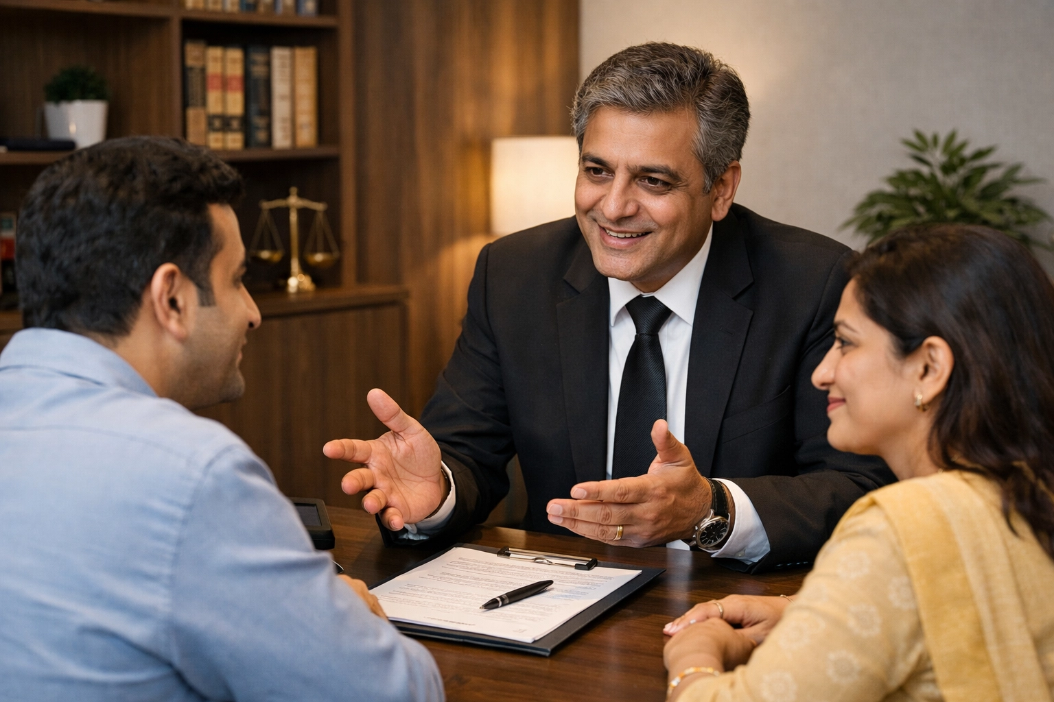 Experienced Ludhiana lawyer explaining legal documents to a couple during a transparent consultation.