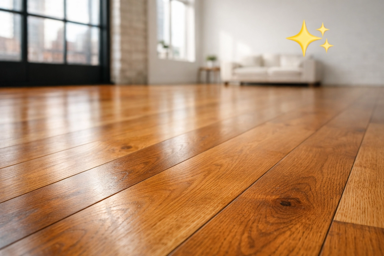 Freshly refinished wide-plank hardwood floors in a sun-drenched Chicago loft with a smooth, dust-free satin finish.