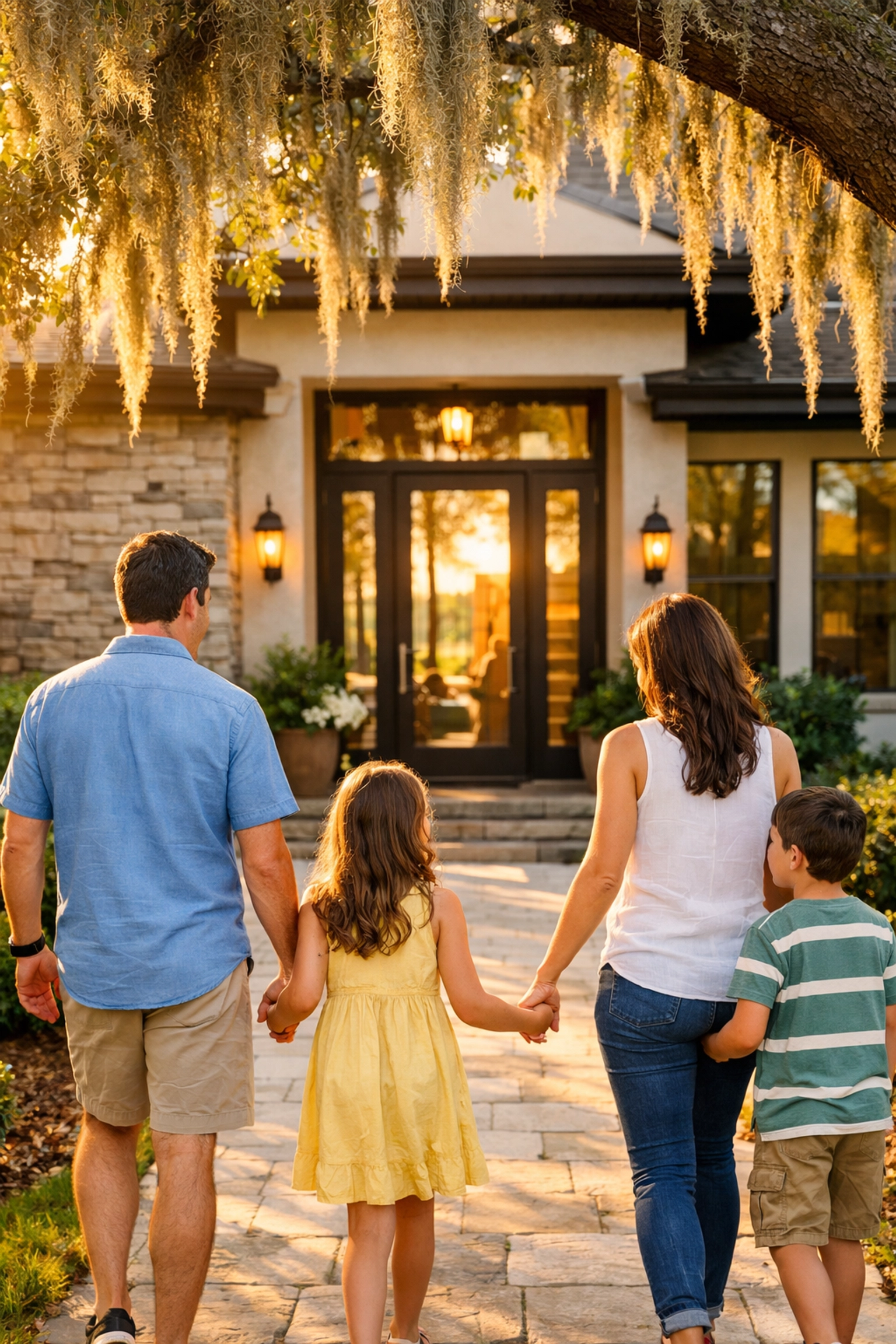 Happy family walking toward their new modern Florida property after successfully buying a home in Orlando.
