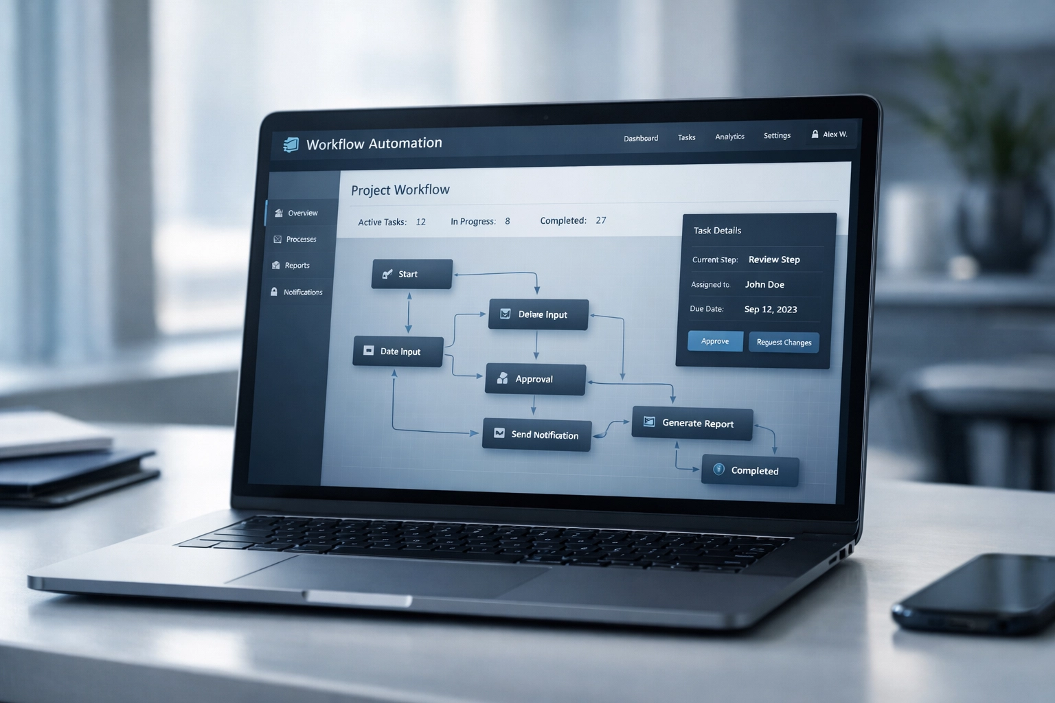 Custom software application interface showing automated workflow design on laptop screen