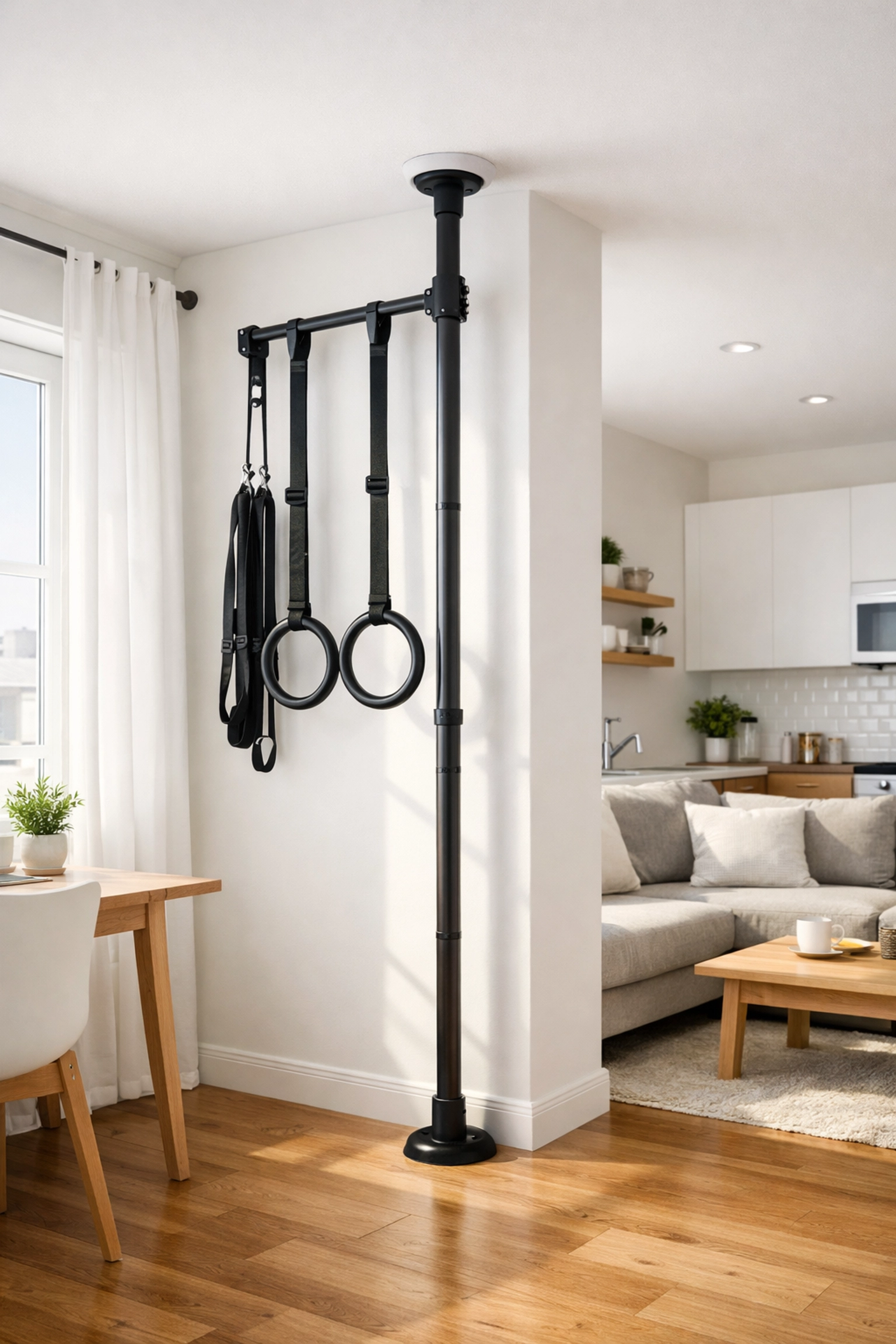No wall damage workout system featuring a pull up bar alternative and rings in a small apartment.