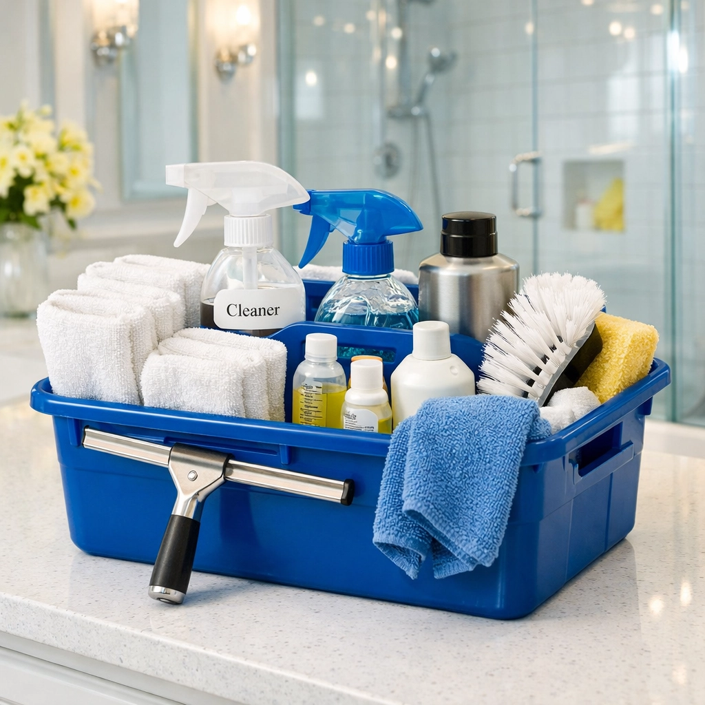 Professional cleaning supplies on a spotless bathroom vanity in a Stow MA residential home.