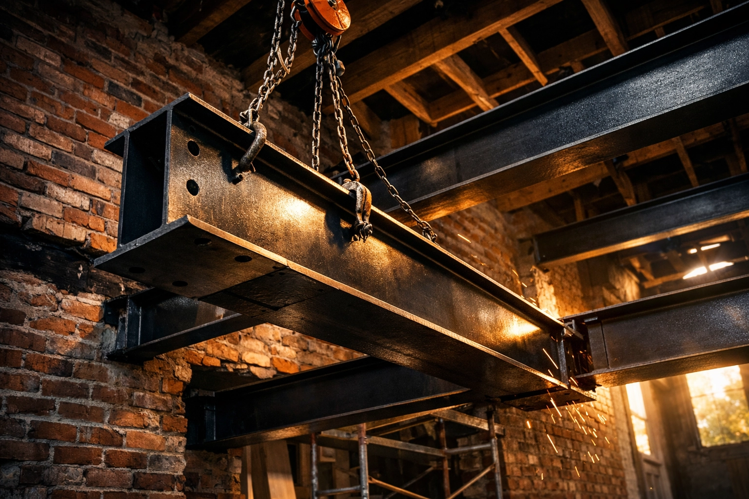 Installation of a structural steel RSJ beam for a luxury home extension in West Sussex.