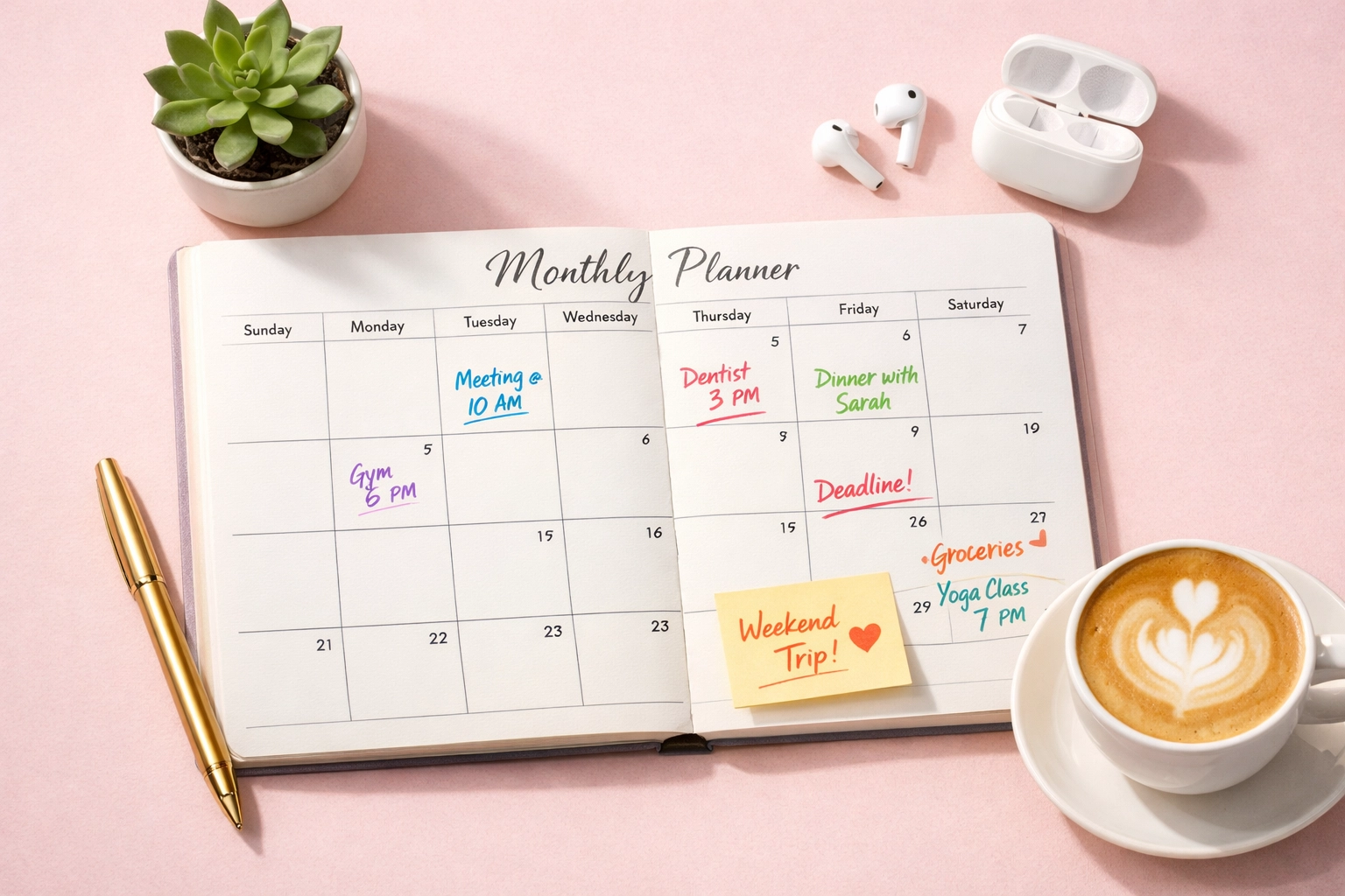 Monthly content calendar template with handwritten notes and planning supplies on pink desk