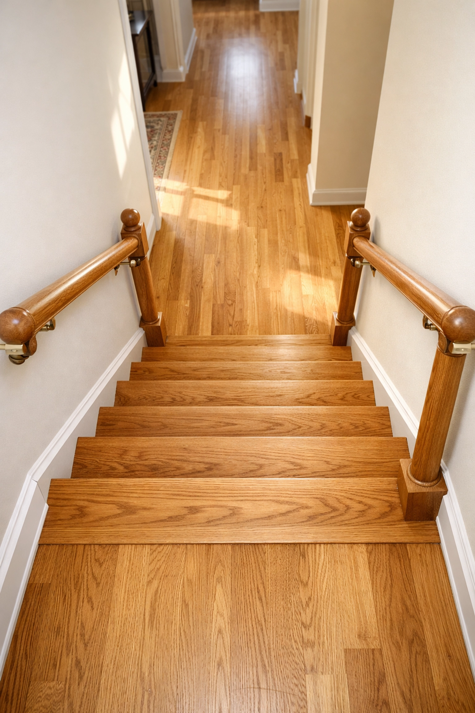 Wooden staircase with dual handrails extending past the bottom step for safe transition and stability.