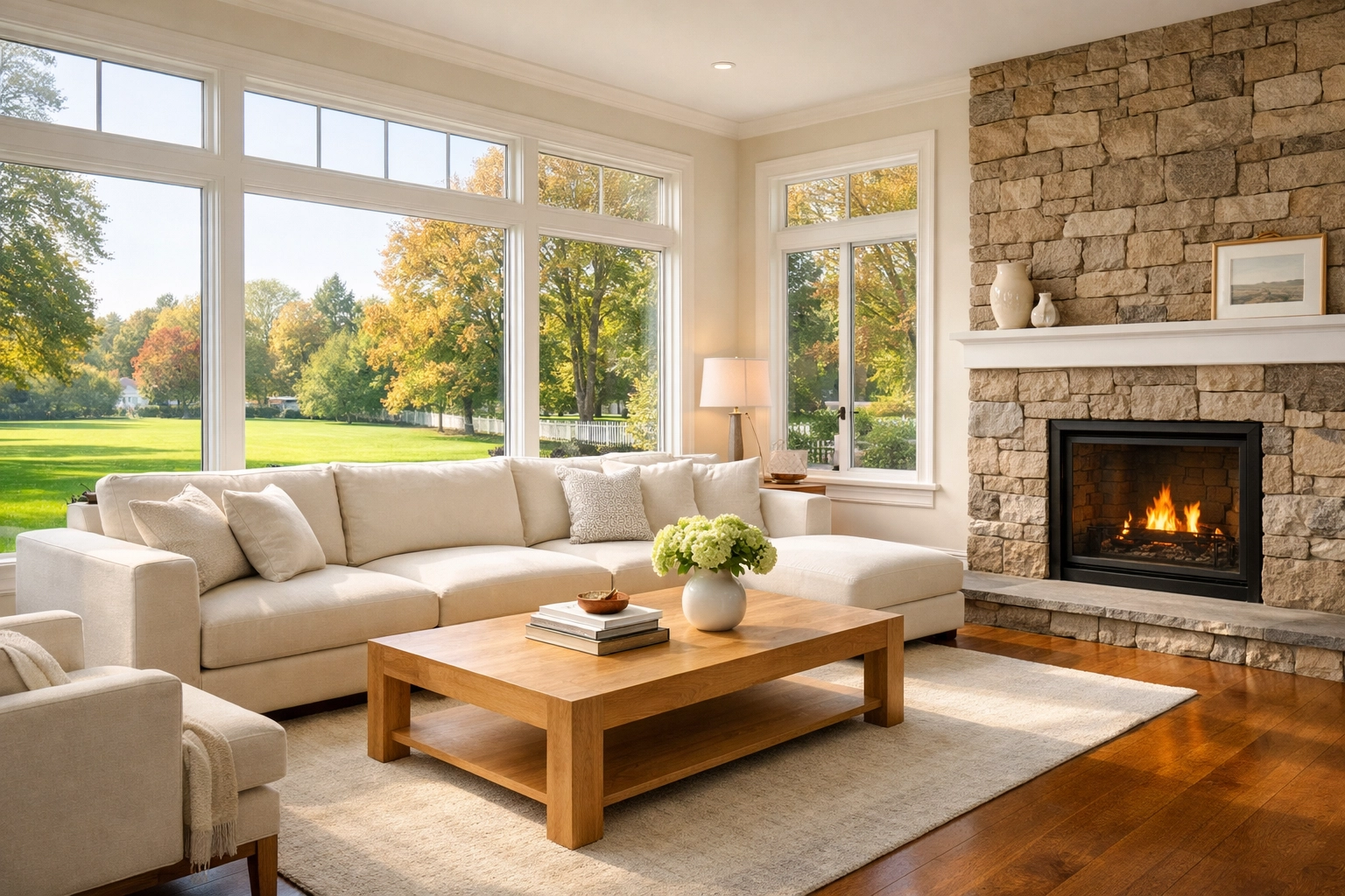 Modern living room in a South Windsor CT home with hardwood floors and natural light from large windows.