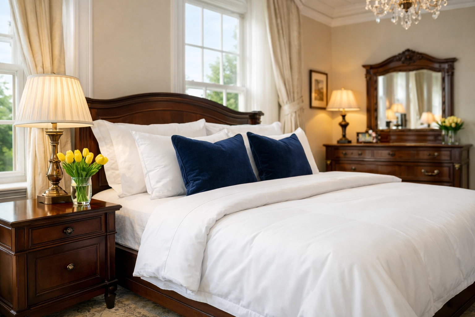 Pristine master bedroom in Lexington, MA, representing high-quality residential cleaning services near me.