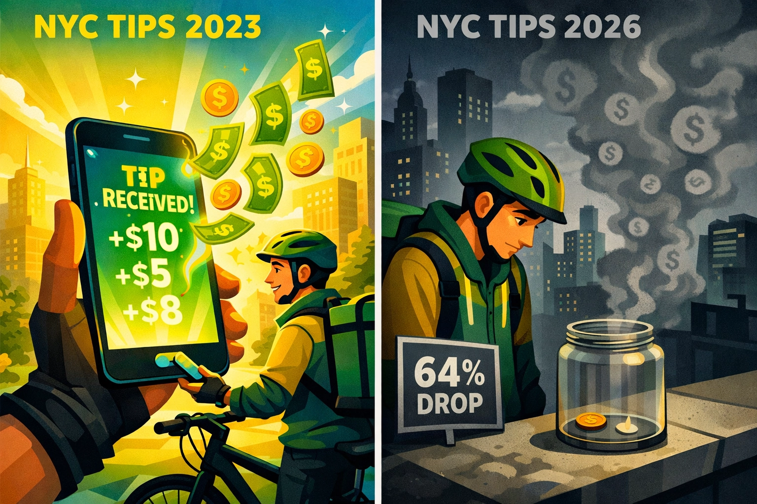 NYC delivery worker tipping comparison showing 64% drop after apps moved tip screen post-delivery