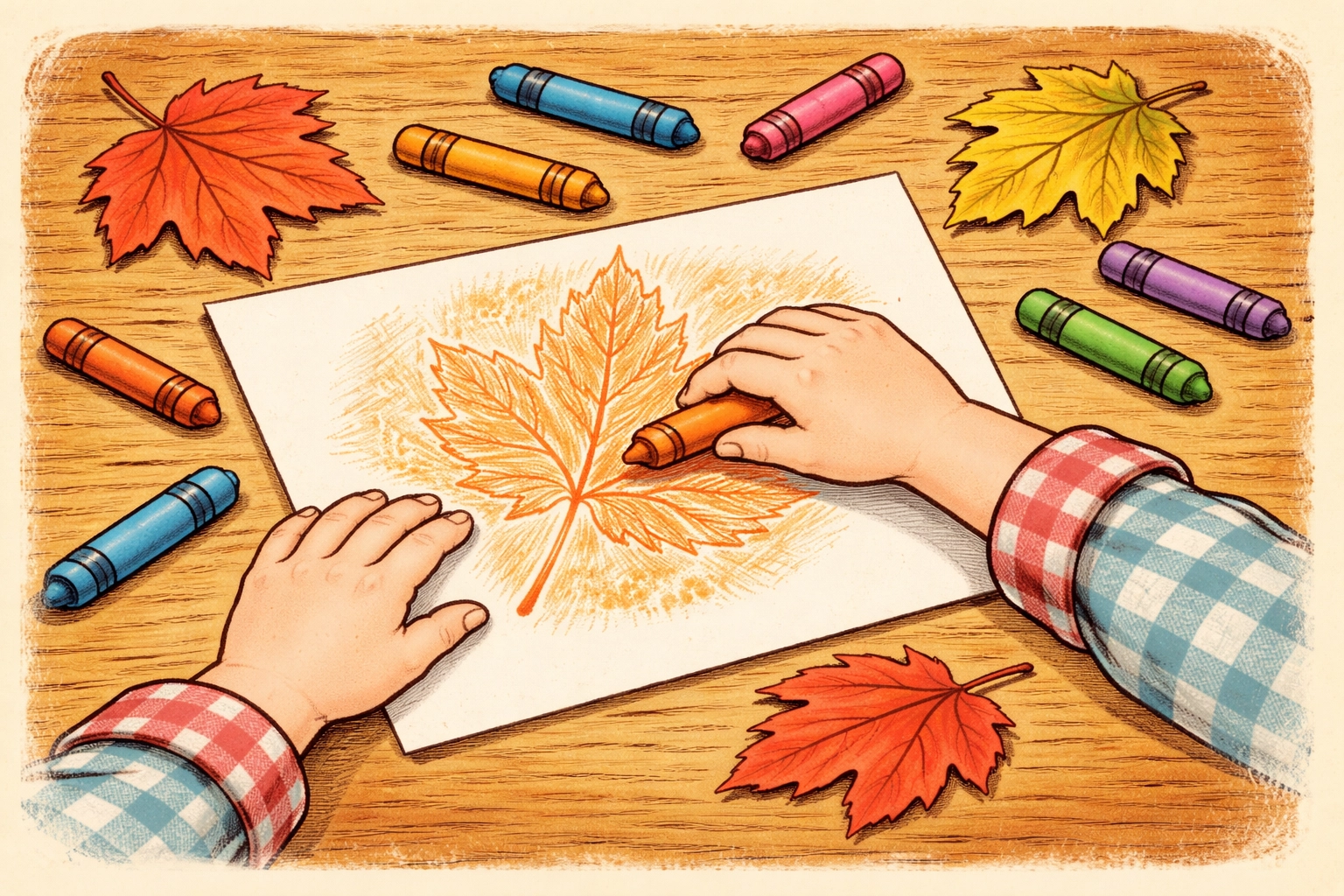 Child making a leaf rubbing by holding a crayon sideways over paper with a leaf underneath