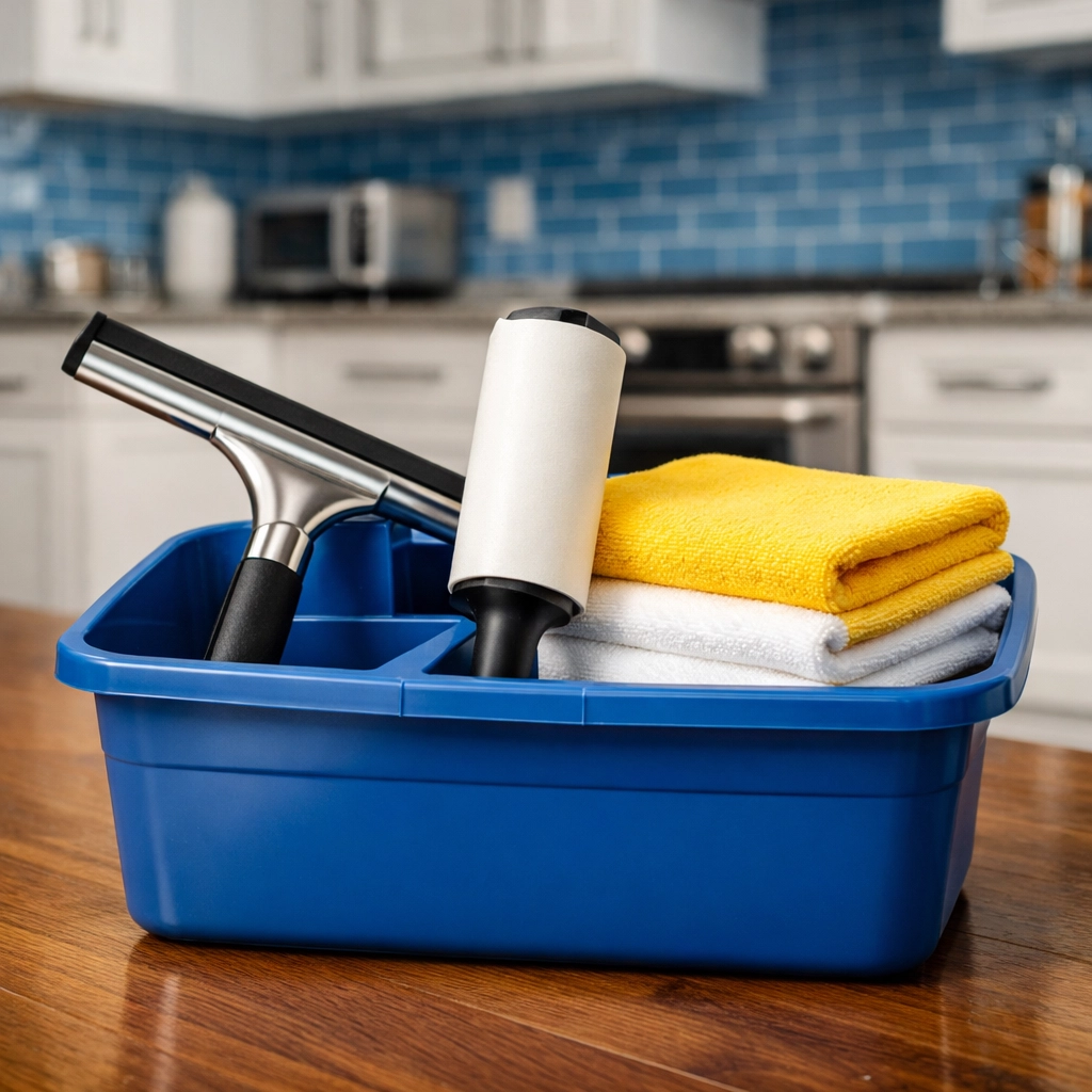 A cleaning caddy with a squeegee and lint roller for efficient pet hair removal on hardwood floors.