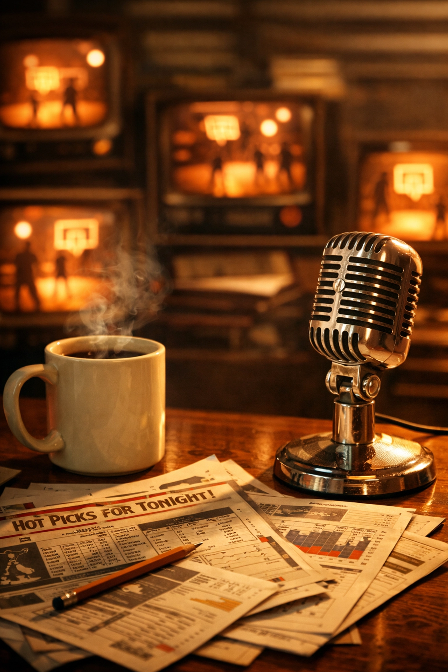 Scoop Cunningham's newsroom desk with sports betting analytics charts and podcast microphone.