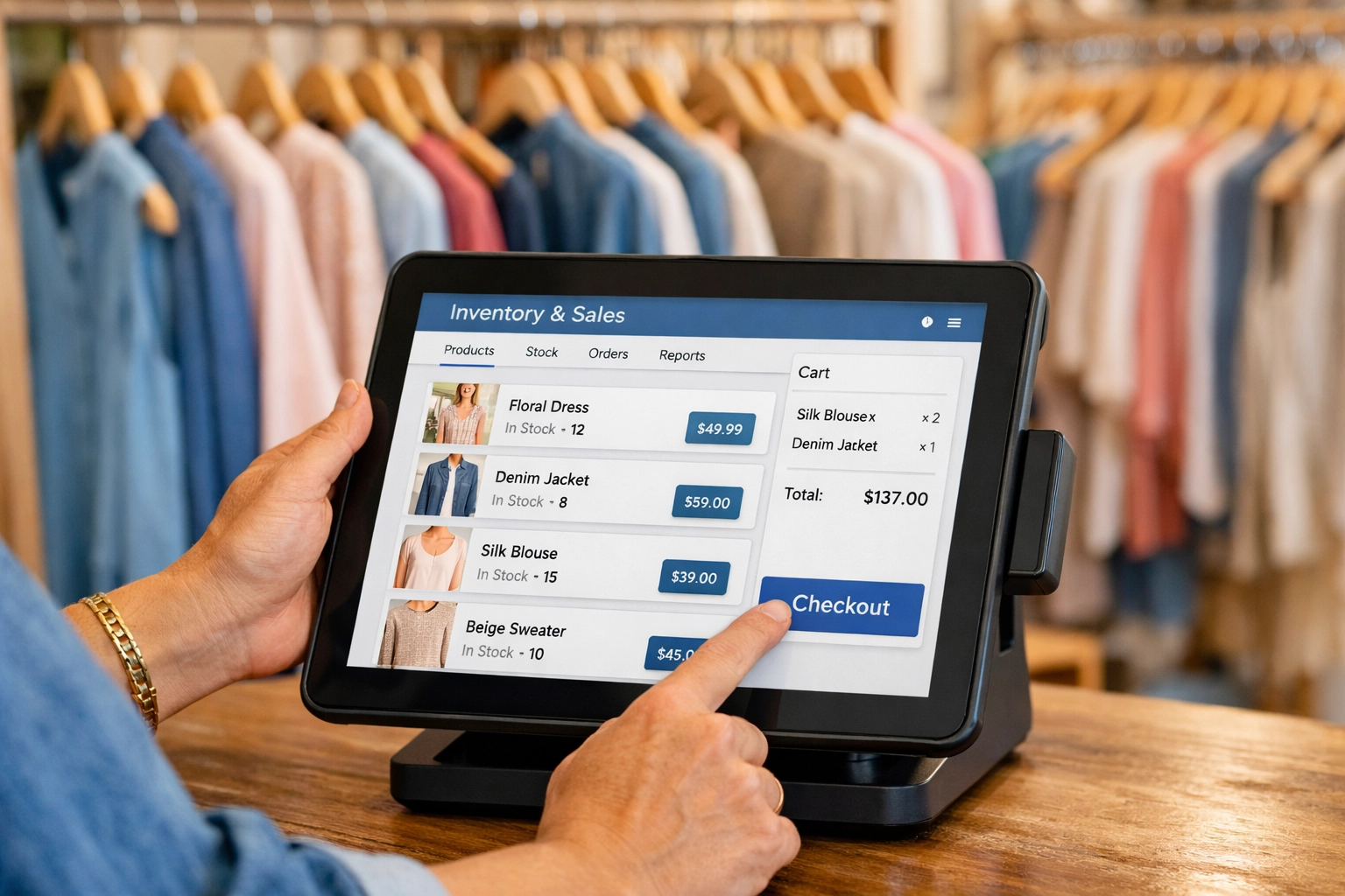 Boutique owner using tablet POS system for inventory management among clothing racks