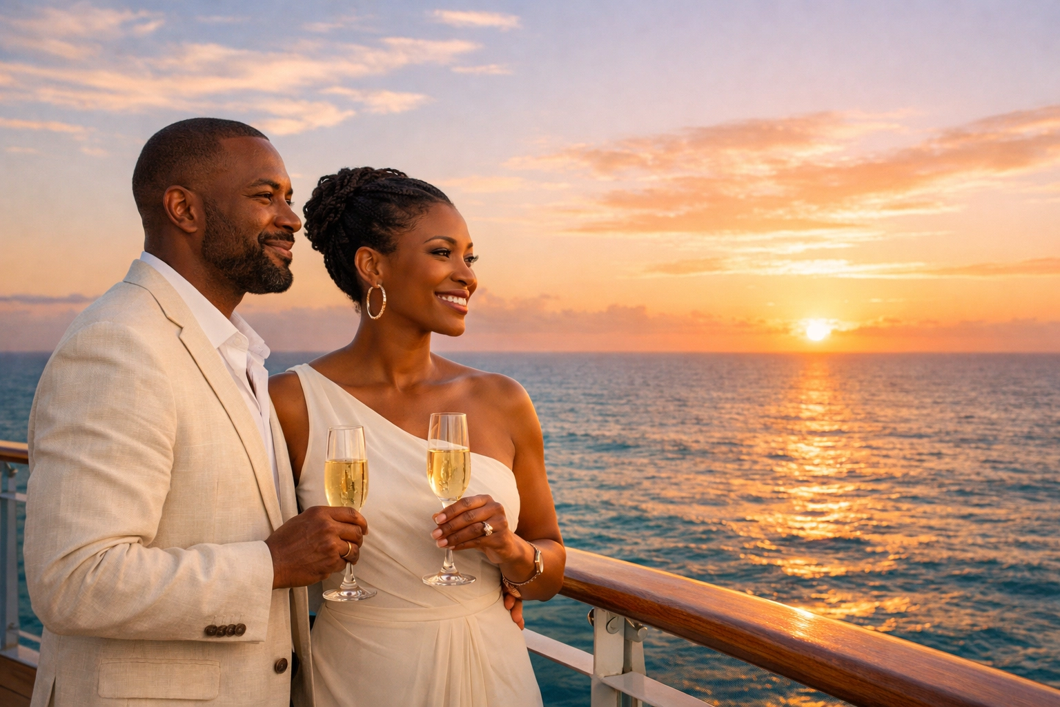 Couple on a cruise ship balcony at sunset, showcasing elite travel options from a Lifestyle Cruises travel agent.