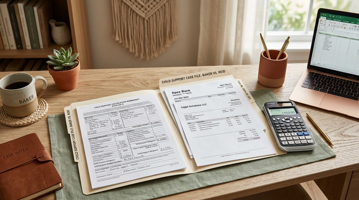 Financial records and calculator for Virginia child support calculations in a Business Boho workspace
