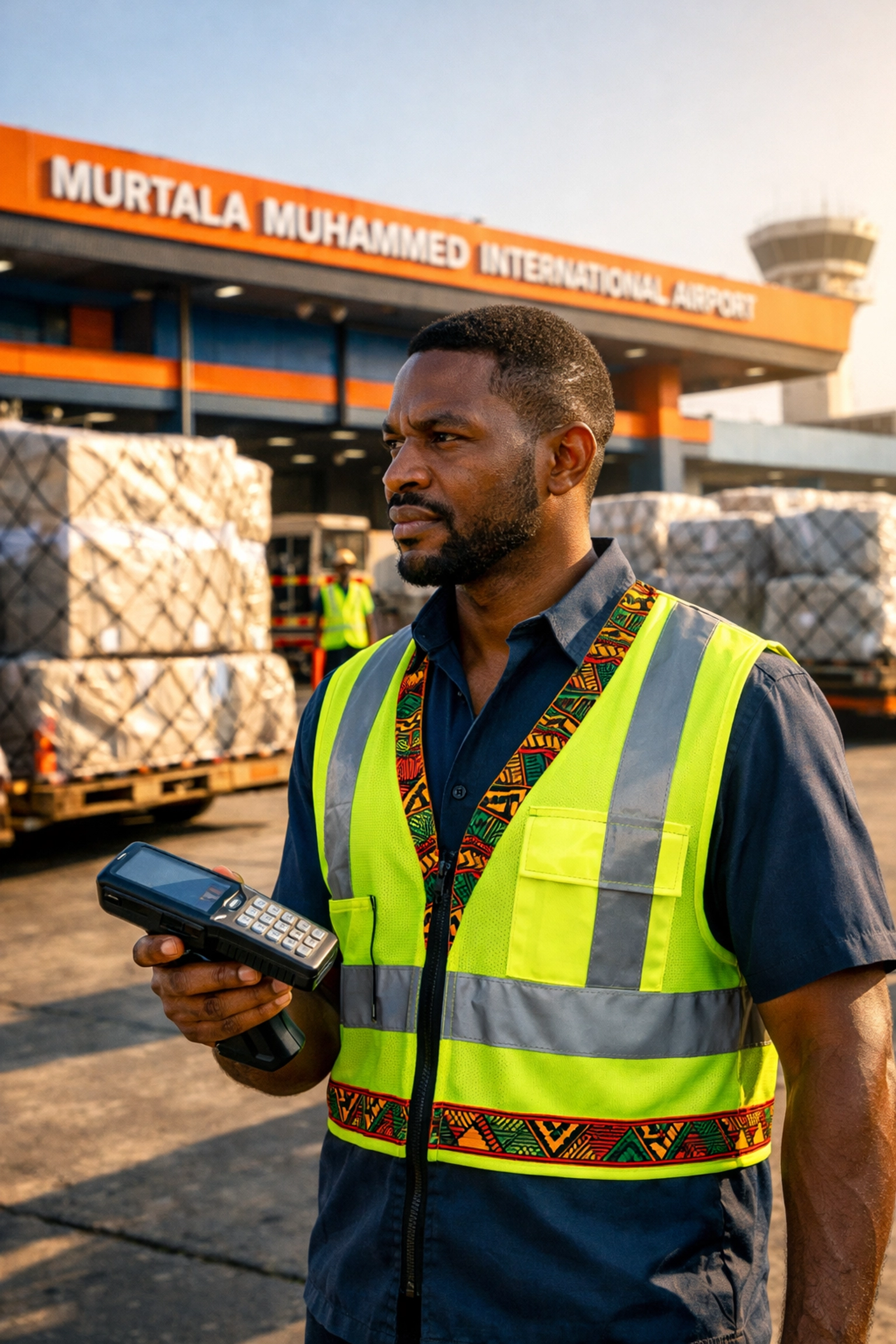 Logistics coordinator scanning cargo pallets at Lagos airport for rapid international shipping.