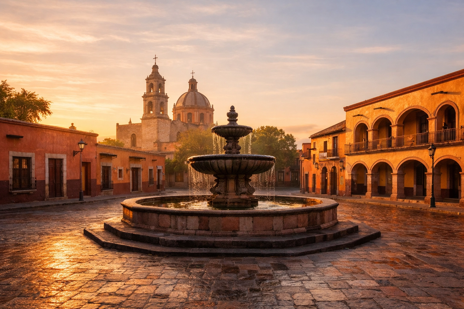 A quiet Mexican town square at dawn symbolizing a return to peace after security upheaval.